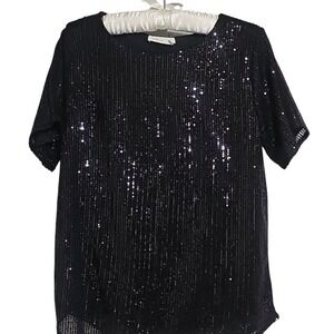 Party Top Sequin‎ Embellished Black Shirt Size S EUC